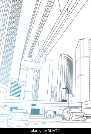 Die moderne Stadt mit Wolkenkratzern und Autos auf der Straße Thin Line Design auf weißem Hintergrund Stock Vektor