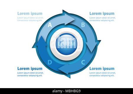 Vier Themen blauer Pfeil Diagramm in Papier schneiden Stil mit Marmorboden, Kreis im Zentrum für die Präsentation der Website cover Poster vektor design Infografik Stock Vektor