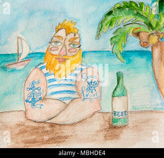 Gute sailor im blau gestreiften Hemd mit Bier auf das Meer im Hintergrund. Seeleute mit Bart und blue Tattoo in der Beach Bar. Hand gezeichnet Abbildung. Stockfoto