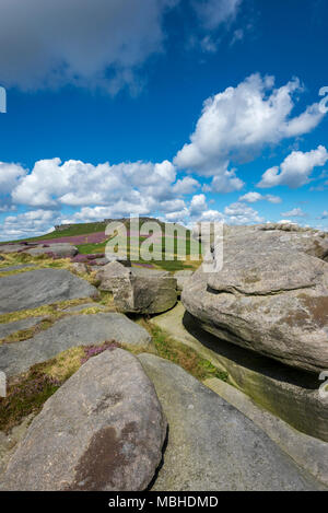 Higger Tor gesehen von Carl Wark in der Nähe von Hathersage im Peak District National Park, Derbyshire, England. Tag Sommer mit Heather in voller Blüte. Stockfoto