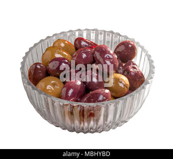 Klar Schüssel mit Oliven Stockfoto