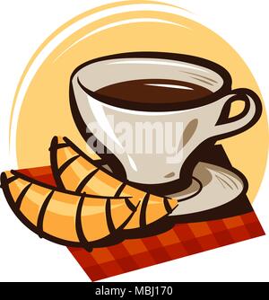 Tasse Kaffee, Tee und Croissants. Heiße Getränke, Dessert Logo oder Label. Cartoon Vector Illustration Stock Vektor