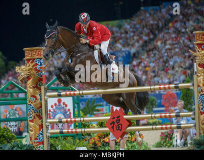 Olympische Spiele 2008, Hong Kong (Peking Spiele) August 2008, Goldmedaillengewinner Eric Lamaze (CAN) Reiten Hickstead, Team Springen endg. Stockfoto