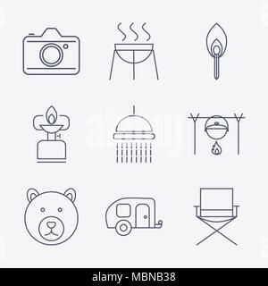 Satz von Umriss streichen Camping Symbole auf dem weißen Hintergrund. Vector Illustration Stock Vektor