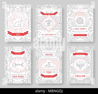 Rasse Katzen dünne Linie Broschüre Karten eingestellt. Tier traditionelle Vorlage von flyear, Zeitschriften, Plakate, Cover, Banner. Kätzchen Umrisse Einladung Konzept Hintergrund. Layout Qualität moderne Seiten Stock Vektor