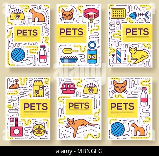 Tier vektor Broschüre Karten dünne Linie eingestellt. Cute home Haustiere Vorlage von flyear, Zeitschriften, Plakate, Cover, Banner. Layout heimische Tierwelt Umrisse Illustrationen moderne Seiten Stock Vektor