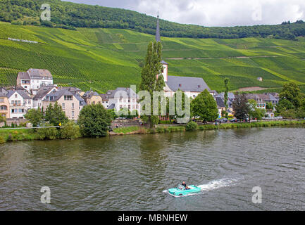 Amphic Auto, ein deutsches Amphibienfahrzeug auf Mosel in Piesport, Rheinland-Pfalz, Deutschland fahren Stockfoto