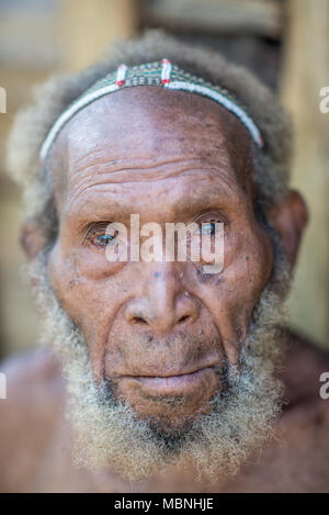 - Nahaufnahme Portrait eines alten Huli wigmaster, Tari Tal, Papua-Neuguinea Stockfoto