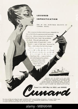 1950s Original Vintage Werbung Werbung Cunard Reisen von Ocean Liner in Englisch Magazin ca. 1958 Stockfoto