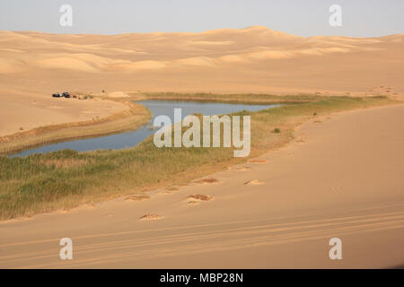 Ein kleines Frisches Wasser Oase von Sanddünen in der Wüste Sahara in der Nähe von Siwa umgeben Stockfoto