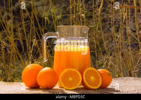 Frisch gepresster Orangensaft in einem Glaskrug mit frischen Orangen im Freien mit natürlicher Kulisse Stockfoto