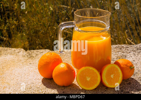 Frisch gepresster Orangensaft in einem Glaskrug mit frischen Orangen im Freien mit natürlicher Kulisse Stockfoto