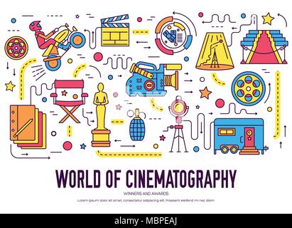 Premium Qualität kino Industrie thin line Design. Dreharbeiten minimalistisch Symbol Infografik. Übersicht film Technologie Vorlage von Symbol, Typografie, Logo, Piktogramm und Illustration Konzept Stock Vektor