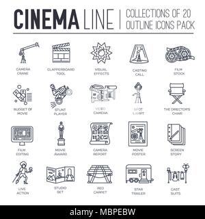 Premium Qualität kino Industrie thin line Design. Dreharbeiten minimalistisch Symbol pack. Übersicht film Technologie Vorlage von Symbol, Typografie, Logo, Piktogramm und Illustration Konzept Stock Vektor