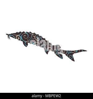 Stör Fisch spiralförmige Muster Farbe silhouette Aquatic Animal. Vektor Illustrator. Stock Vektor