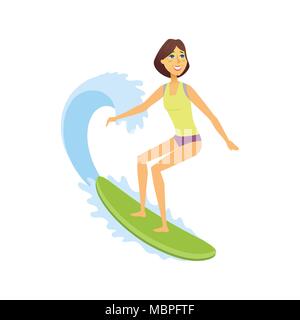 Weibliche surfer Reiten der Welle - cartoon Menschen Charakter isoliert Abbildung Stock Vektor
