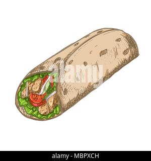 Vector vintage burrito Zeichnung. Hand fast food Abbildung gezeichnet. Stock Vektor