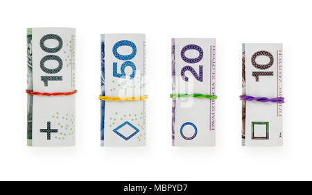 Mit einem Gummi polnische Zloty Banknoten auf weißem Hintergrund mit Freistellungspfad isoliert gerollt Stockfoto