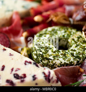 Traditionelle italienische Antipasti, Schneidbrett mit Salami, kalt geräucherte Fleisch, Schinken, Schinken, Käse, Oliven, Kapern auf grauem Hintergrund. Fleisch und Käse Vorspeise. Platz Erntegut Stockfoto