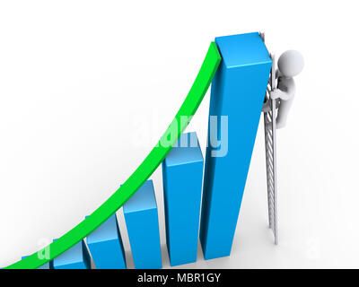 3d-Geschäftsmann ist Klettern auf die Leiter an die Spitze der Grafik Stockfoto