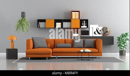 Orange und grau Wohnzimmer mit Bücherregal - 3d rendering Stockfoto ... Orange und grau Wohnzimmer mit Bücherregal - 3d rendering Stockfoto ...