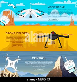 Moderne, Drohnen für und einer Fernbedienung. Video und Foto und Lieferung. Wissenschaft und Technologien. Radio Roboter mit Kamera in der Luft. Innovative Systeme. Hintergrund oder Poster. Stock Vektor