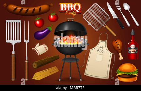 Grill Elemente einstellen auf rotem Hintergrund isoliert. BBQ party. Sommer. Fleisch Restaurant zu Hause. Holzkohle Wasserkocher mit Tools, Sauce und Lebensmittel. Ausstattung der Küche für Menü. Kochen im Freien. Stock Vektor