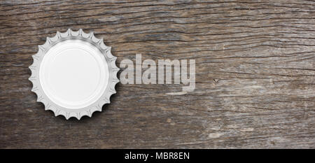 Glas Bier Flasche Metallkappe auf hölzernen Hintergrund isoliert, Ansicht von oben, Banner. 3D-Darstellung Stockfoto