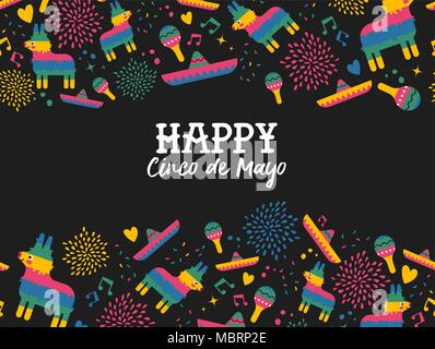 Happy Cinco de Mayo Grußkarte Abbildung mit Muster Hintergrund. Festliche mexikanische Hand gezeichneten Symbole beinhaltet niedliche Esel pinata, mariachi hat und Stock Vektor