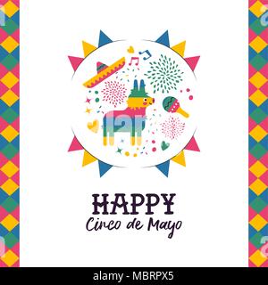 Happy Cinco de Mayo Grußkarte Abbildung. Festliche mexikanische Hand gezeichnet Dekoration beinhaltet niedliche Esel pinata, mariachi hat und Maracas. EPS 10 vec Stock Vektor