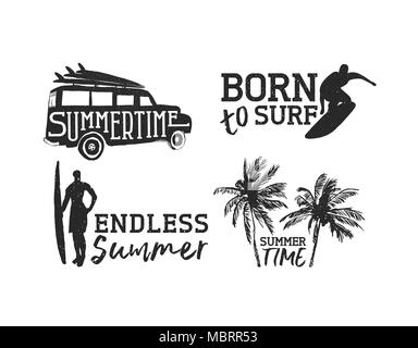 Vintage surf Label über Weiß isoliert, Sommer surfen Zeit Typografie Anführungszeichen mit Strand Elemente und tropischen Dekoration. Mit dem Auto, Surfer ma Stock Vektor