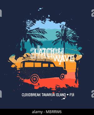 Sommer Urlaub in Cloudbreak Tavarua Island, Fidschi. Urlaub Abbildung mit Text zitieren, Auto- und Surf Boards am tropischen Strand. Vintage Textur Desig Stock Vektor