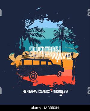 Sommer Urlaub in Mentawai Inseln, Indonesien. Urlaub Abbildung mit Text zitieren, Auto- und Surf Boards am tropischen Strand. Vintage Textur design fo Stock Vektor