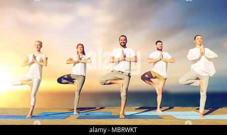 Menschen, die Yoga die Baumhaltung auf Matte im Freien Stockfoto