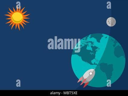 Hintergrund mit Space Design, mit Erde, Mond, Sonne und Raumschiff. Vector Illustration. Stock Vektor