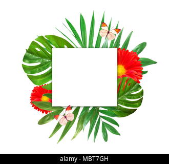 Kreative Gestaltung von Laub auf weißem Hintergrund mit Platz für Text. Rahmen der Blätter und Blüten. Floral background. Blick von oben. Stockfoto