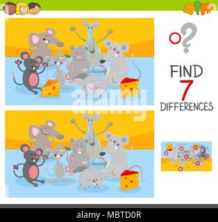 Cartoon Illustration des Findens Sieben Unterschiede zwischen Bilder pädagogische Tätigkeit Spiel für Kinder mit Mäusen Tier Zeichen Gruppe Stock Vektor