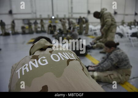 Mitglieder der 145 Airlift Wing don Gemeinsamen Dienst leichte Integrierte Anzug Technologie während der chemischen, biologischen, radiologischen und nuklearen Verteidigung Ausbildung an der North Carolina Air National Guard Base, Charlotte Douglas International Airport, Jan. 8, 2018 statt. Die Ausbildung ist eine große Anforderung für Flieger Bereitschaft, Vertrautheit mit Verfahren zu gewährleisten und die Hände mit erteilten Schutzausrüstung. Stockfoto