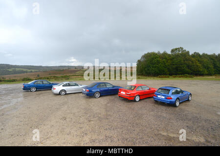 1990 s BMW M Autos, E36 M3, E46 M3, E34 M5, E39 M5 und Z3 M Stockfoto