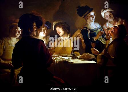 Abendmahl mit Lautenspieler 1619, Gherardo Delle Notti - Gerrit Honthorst 1592-1656, Niederländisch, den Niederlanden. Stockfoto