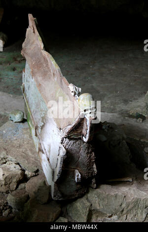 Faule Särge, Wächter der Toten (Tau-Tau's) und menschlichen Schädeln in der Tampang Allo Beerdigung Höhle, Sulawesi, Indonesien Stockfoto