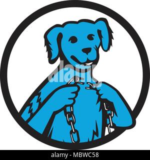 Maskottchen Symbol Abbildung eines blue merle dog Holding eine Kette mit einem Link Kette gebrochen im inneren Kreis auf isolierten Hintergrund im Retro Style. Stock Vektor