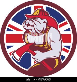 Symbol Retro Stil Abbildung eines britische Bulldogge Feuerwehrmann oder Feuerwehrmann holding Feuer ax mit Vereinigtes Königreich Großbritannien, Großbritannien Union Jack Flag gesetzt Stock Vektor