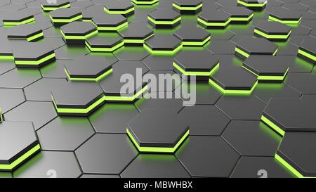 Futuristische alien sechseckige Boden mit grünem Licht. 3D-Darstellung Stockfoto