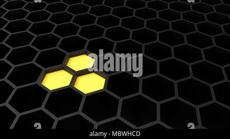 Futuristische Wabe schwarz und gelb Oberfläche. 3D-Darstellung Stockfoto