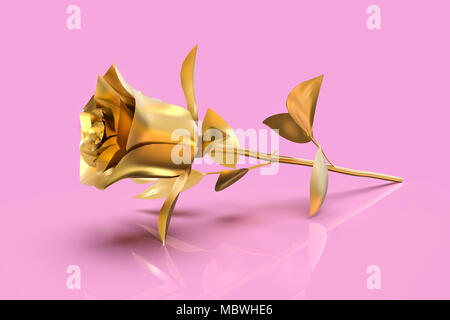 Golden Rose auf reflektierenden rosa Hintergrund. 3D-Darstellung Stockfoto