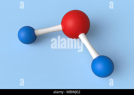 Wasser oder H2O Molekül Modell auf blauem Hintergrund isoliert. 3D-Darstellung Stockfoto