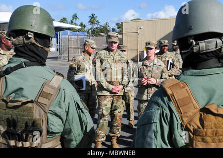 Die 8 Theater Sustainment Command hosted Frau Sandra Cancinos, den militärischen Angelegenheiten Verbindungsbeamte für Kongreßabgeordnetes Tulsi Gabbard, 2. Bezirk von Hawai'i, und Command Sgt. Maj. Rodger Mansker, Senior Advisor für die United States Army Material Command diese Woche eingetragen. Während der Besuche, Frau Cancinos und CSM Mansker erhalten Fähigkeiten Briefings von der 545th Transportation Company, 728th Military Police Battalion und 303 D Ordnance Battalion - EOD. Die Veranstaltung endete mit einem Rundgang durch die LSV-2 CW 3 Harold C. Einhänger. (U.S. Armee Foto von Sgt. 1. Klasse Michael Behlin) Stockfoto