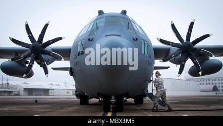 Ein 153 Airlift Wing Betreuer Stopfen in einen Generator, Kabel in Ihrem C-130 H nach der Ankunft in Eglin Air Force Base, Fla., Jan. 11. Luftwaffe erste voll aufgerüstet C-130H ist hier für Test und Evaluierung auf die neue modifizierte Propeller und Motoren. (U.S. Air Force Foto/Samuel King Jr.) Stockfoto