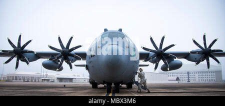 Ein 153 Airlift Wing Betreuer Stopfen in einen Generator, Kabel in Ihrem C-130 H nach der Ankunft in Eglin Air Force Base, Fla., Jan. 11. Luftwaffe erste voll aufgerüstet C-130H ist hier für Test und Evaluierung auf die neue modifizierte Propeller und Motoren. (U.S. Air Force Foto/Samuel King Jr.) Stockfoto